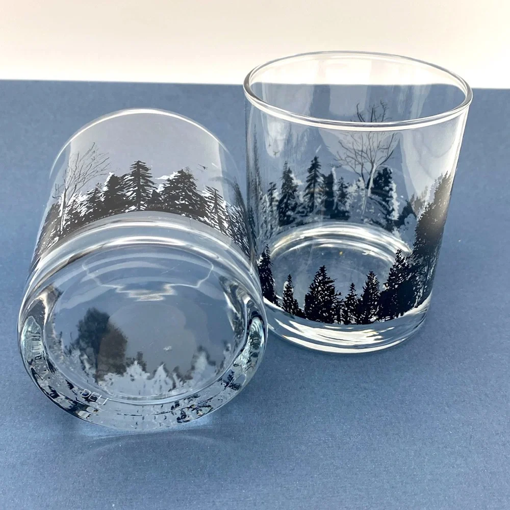 Screen Printed Forest Landscape With Trees Birds Design Glass Whiskey Glasses